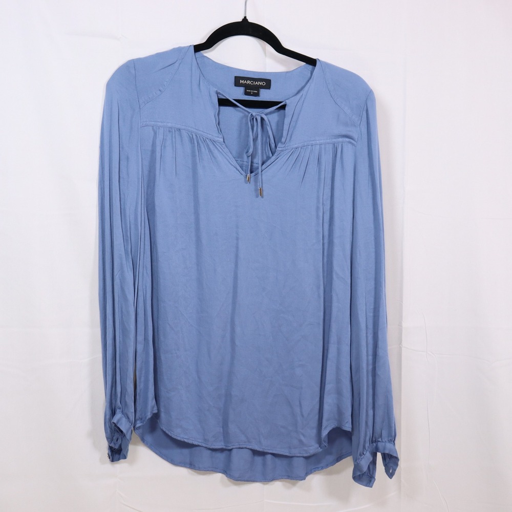 Marciano Blouse S Blue Womens Tie Neck Long Sleeve Boho‎ Top